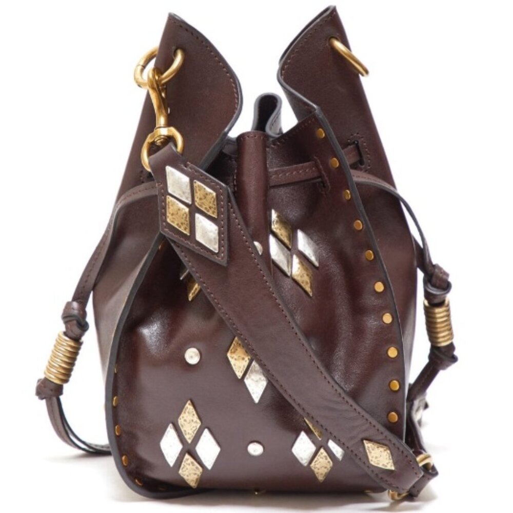 NEW ISABEL MARANT Radja Studded Brown Leather Bucket Bag Brass Crossbody